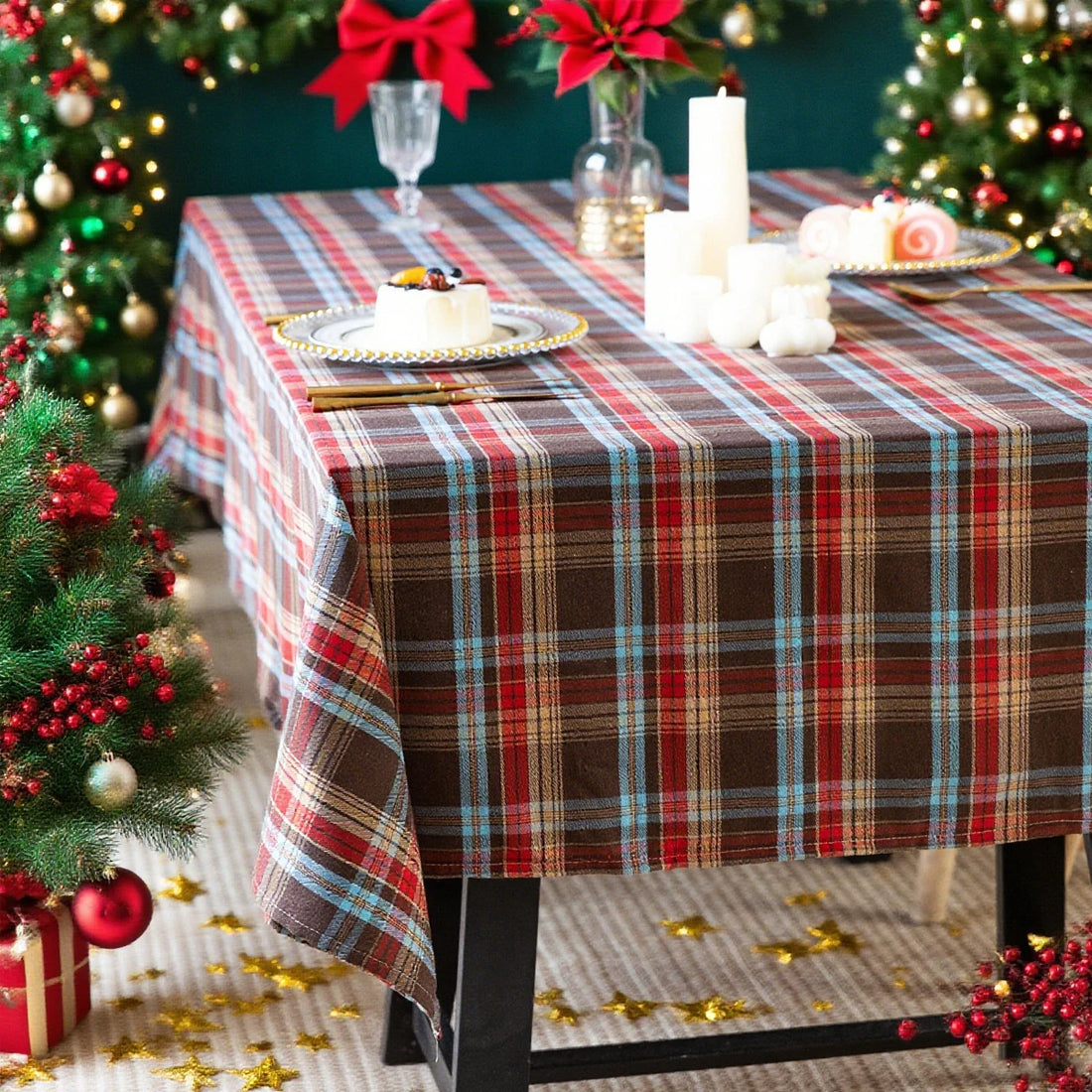 Nappe de Noël à Carreaux Marron Chic