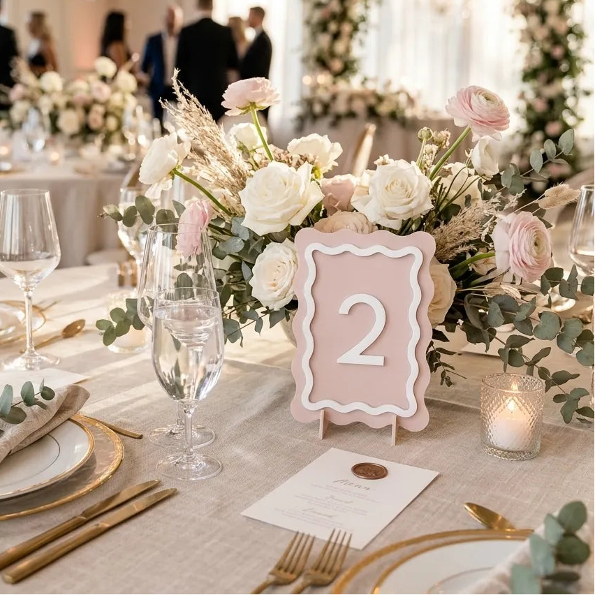Numéro de Table Rose Mariage Romantique Minimaliste