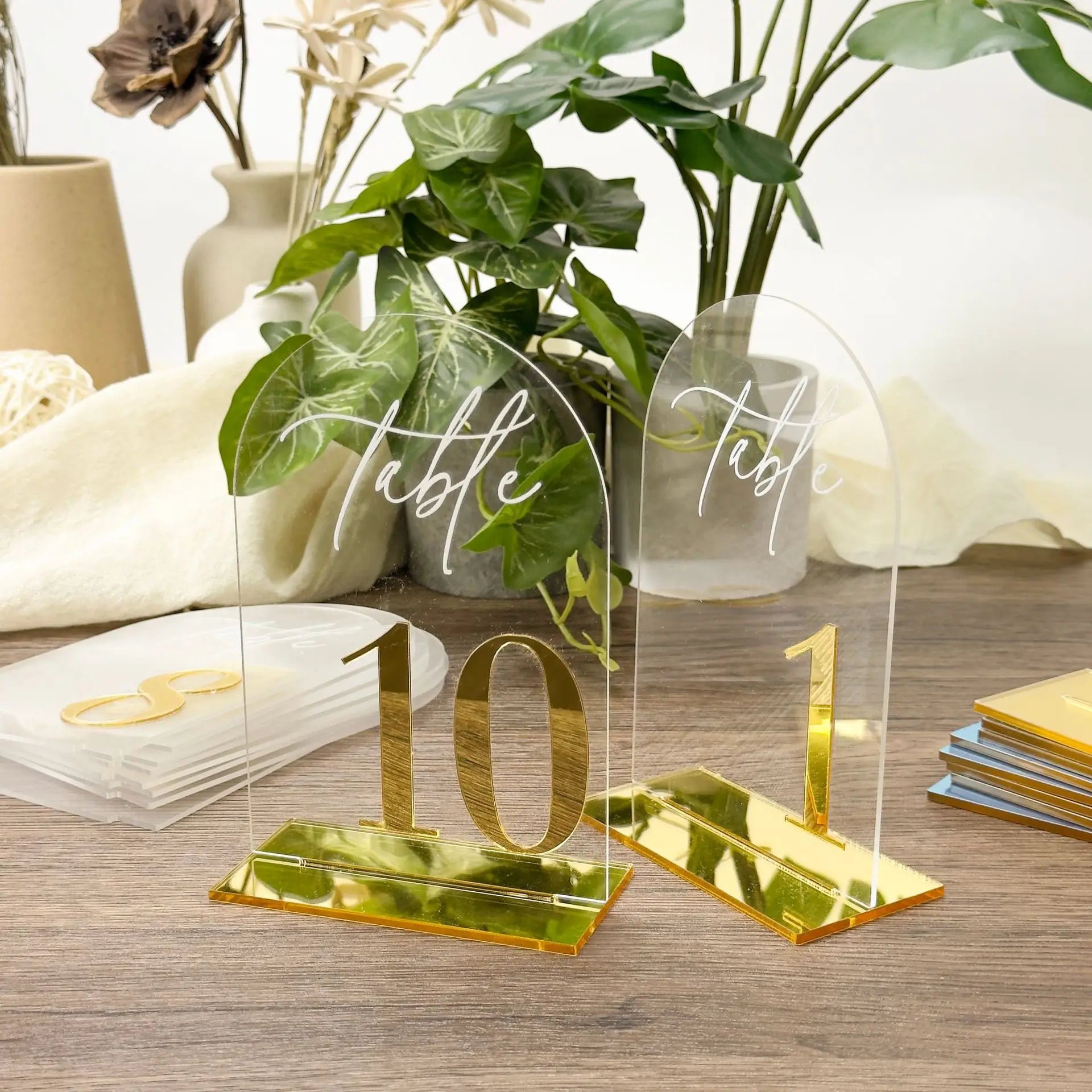 Numéro de Table Transparent Doré Pour Mariage Elégant