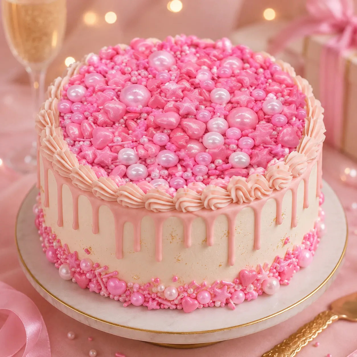 Perles et Etoiles Roses Déco Gâteau
