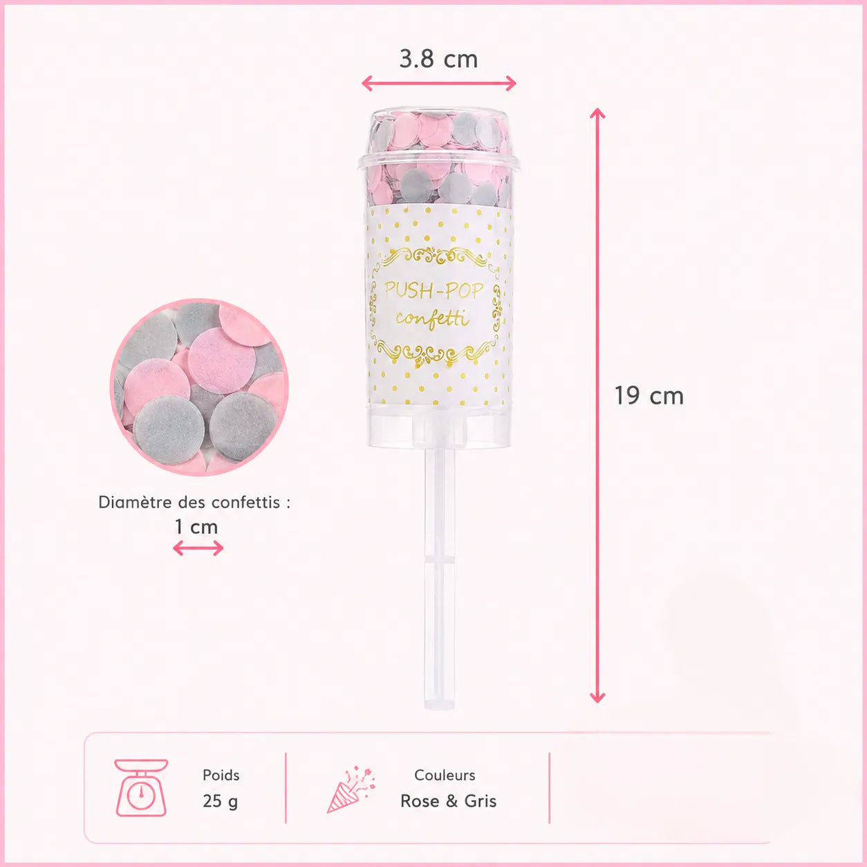 Petit Canon à Confettis Rose et Gris Festif
