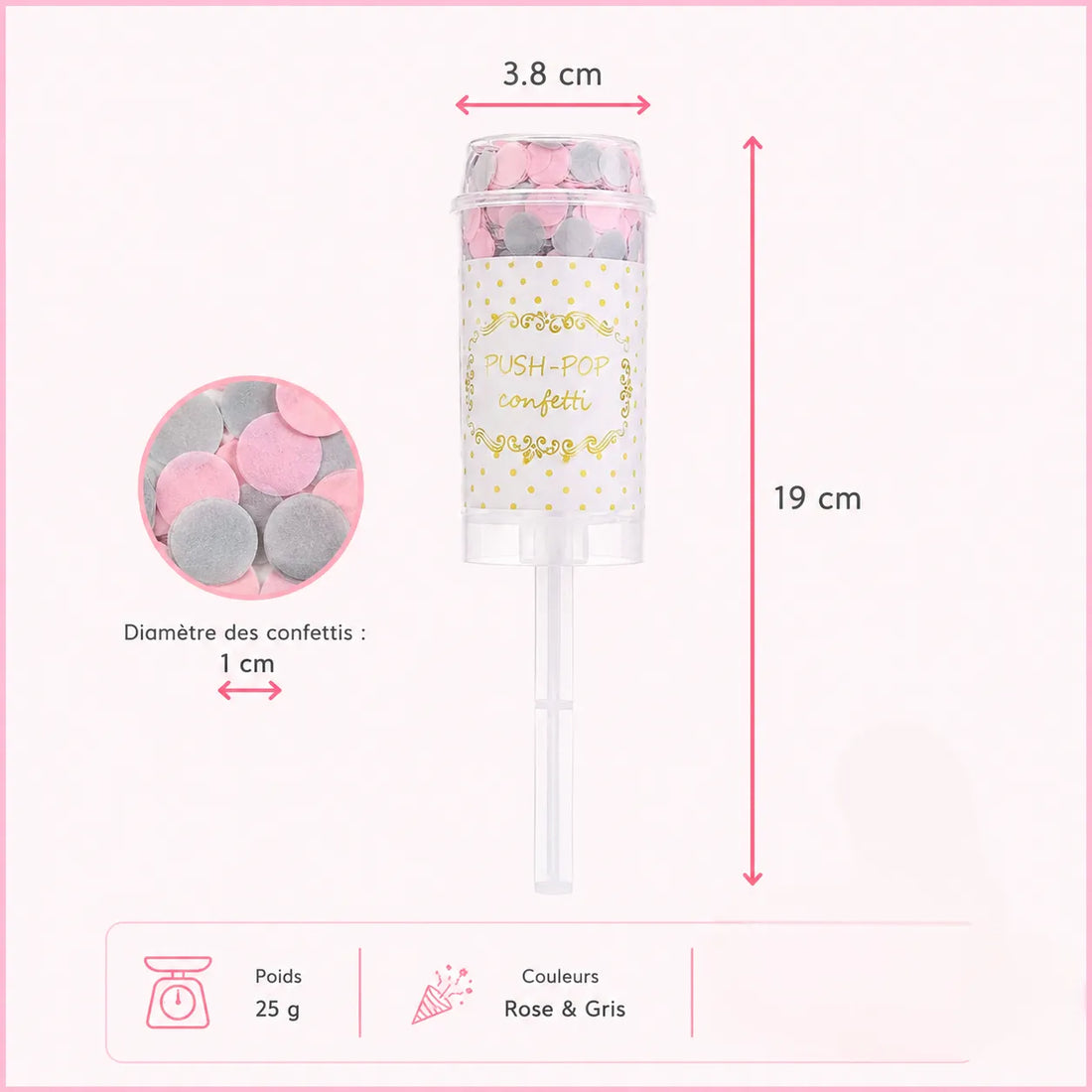 Petit Canon à Confettis Rose et Gris Festif