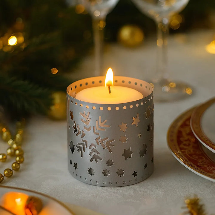 Photophore Noël Métal Blanc Flocons Elégant