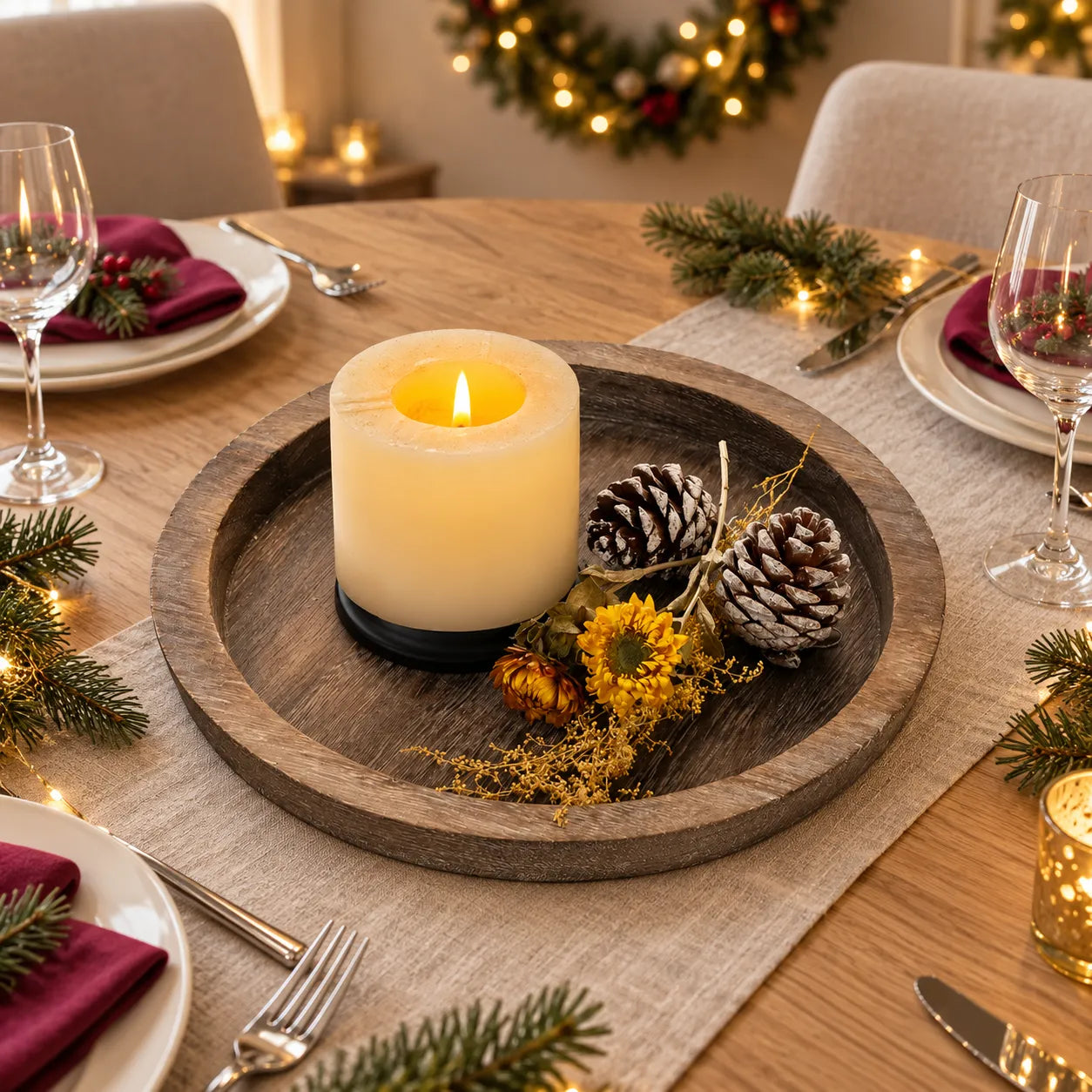 Plateau Centre de Table Noël pour Bougeoir champêtre 