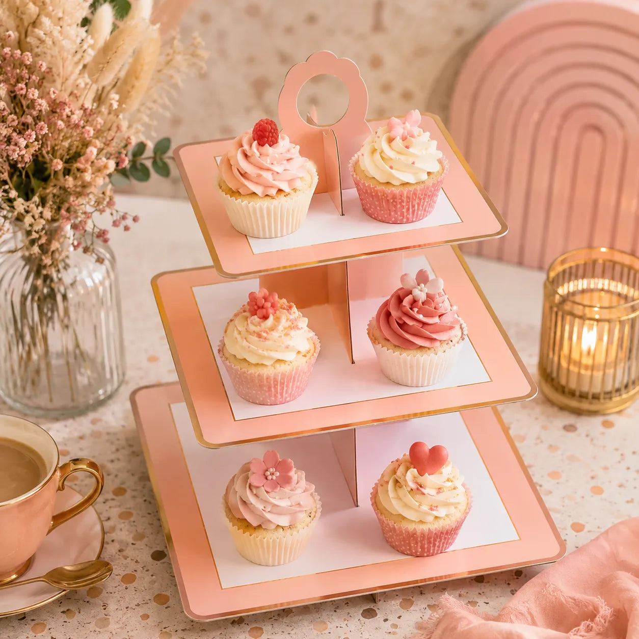 Présentoir Cupcake Carré Rose et Blanc 