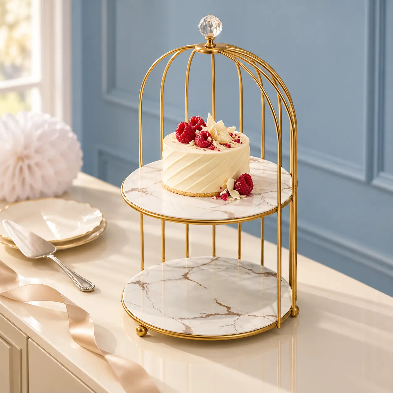 Présentoir à Gâteau Cage d’Oiseau Doré chic