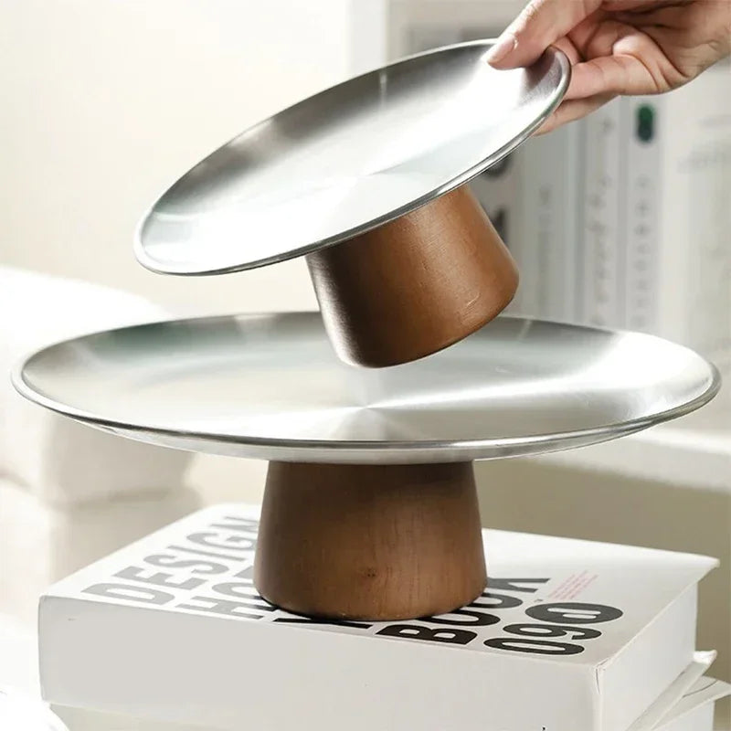 Présentoir Gâteau en Bois et Inox Argenté Moderne