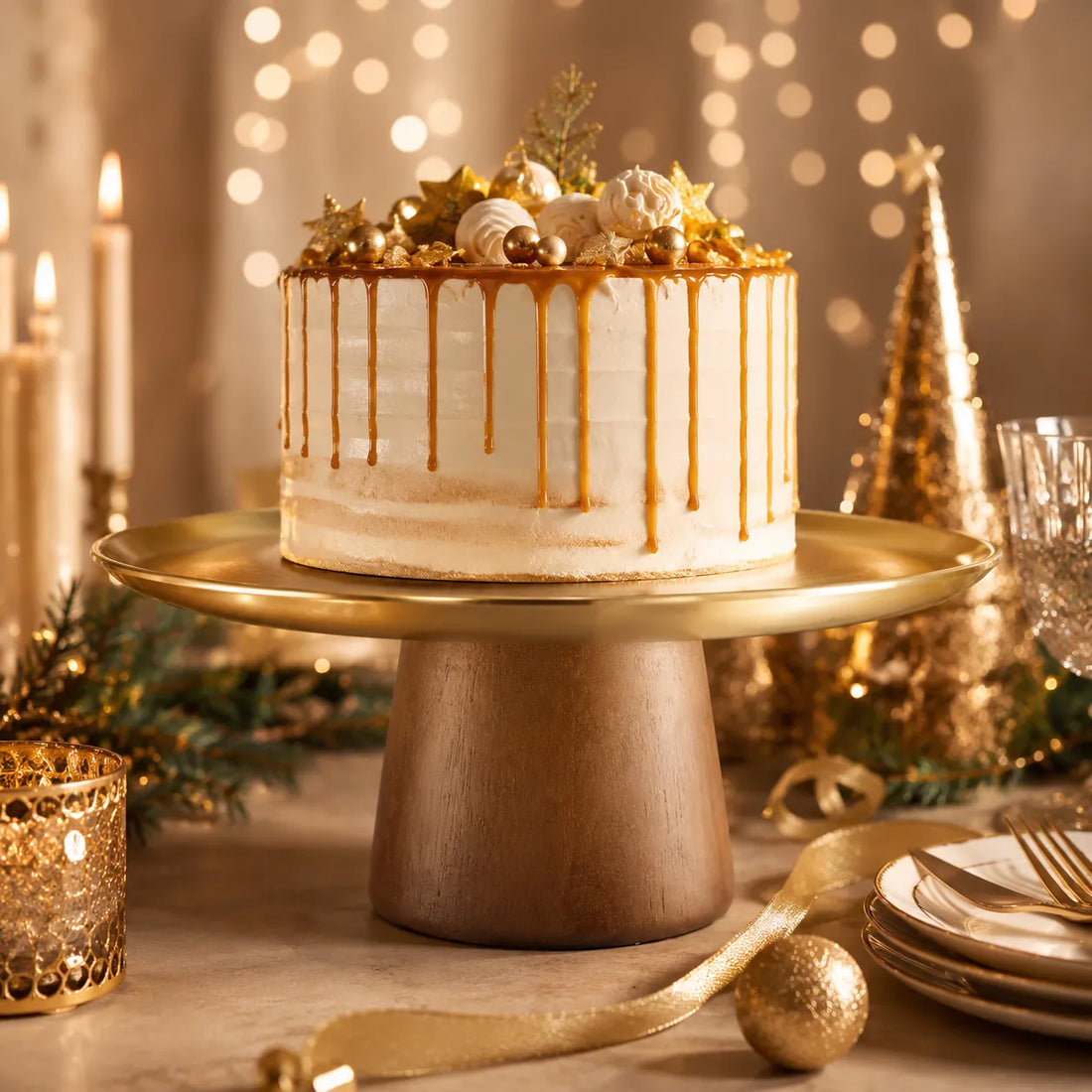 Présentoir à Gâteau en Bois et Inox Doré