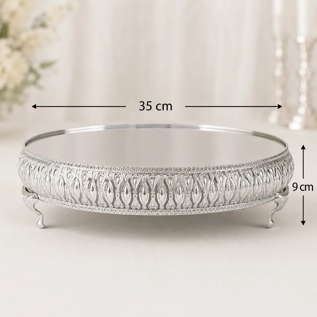 Présentoir Gâteaux Argenté à Miroir Luxueux