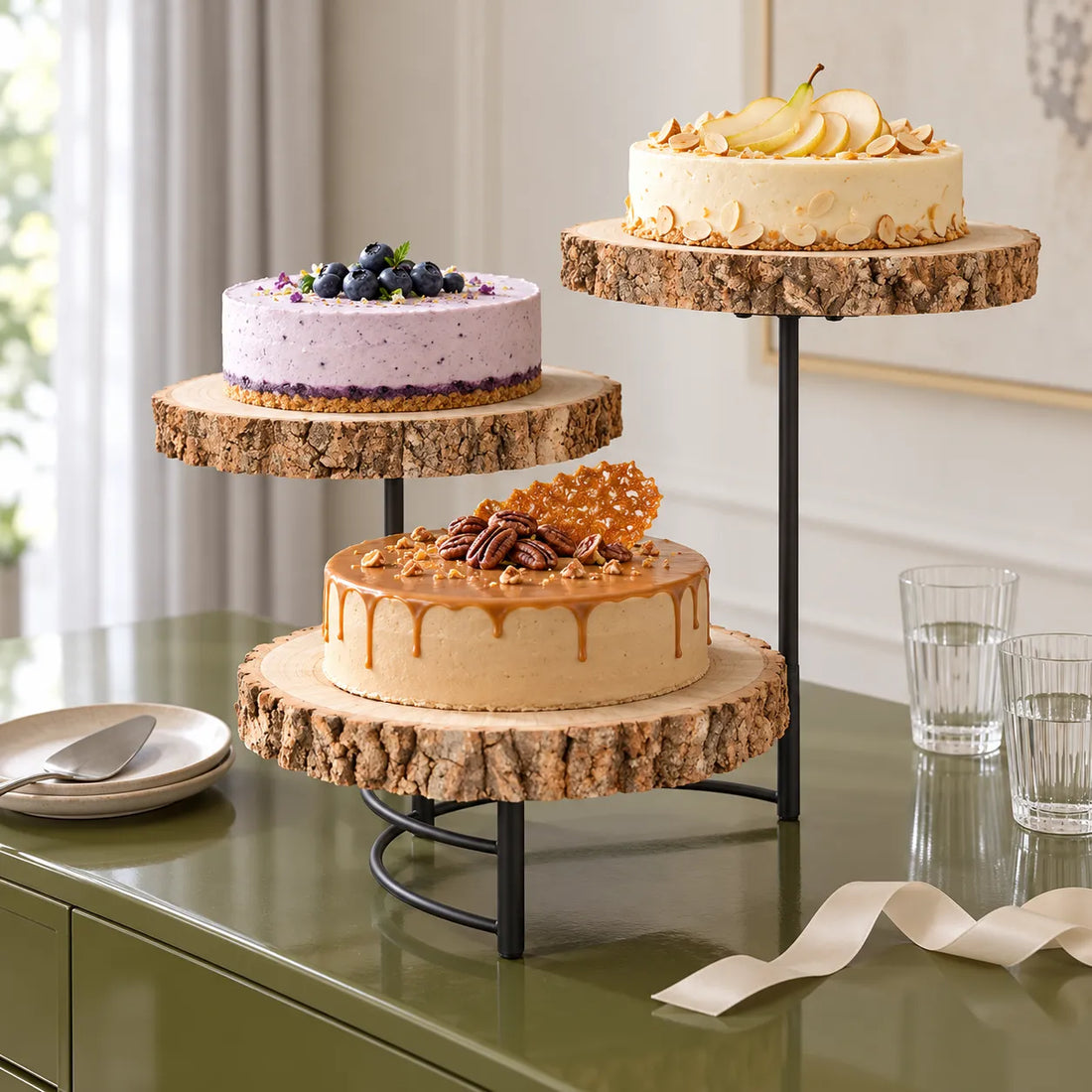 Présentoir à Gâteaux en Rondins de Bois champêtre 