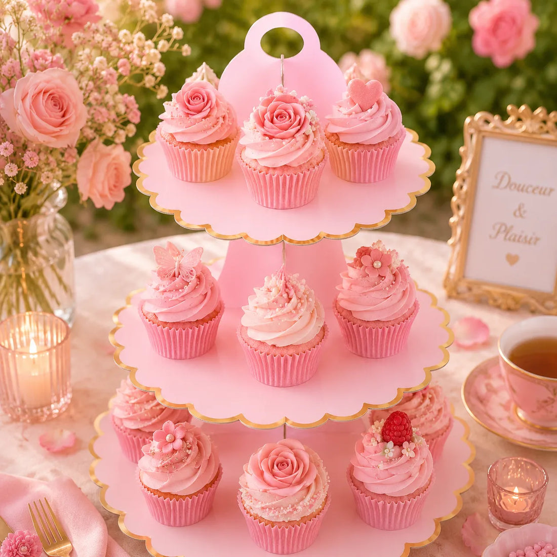 Présentoir à cupcake Rose en Carton délicat