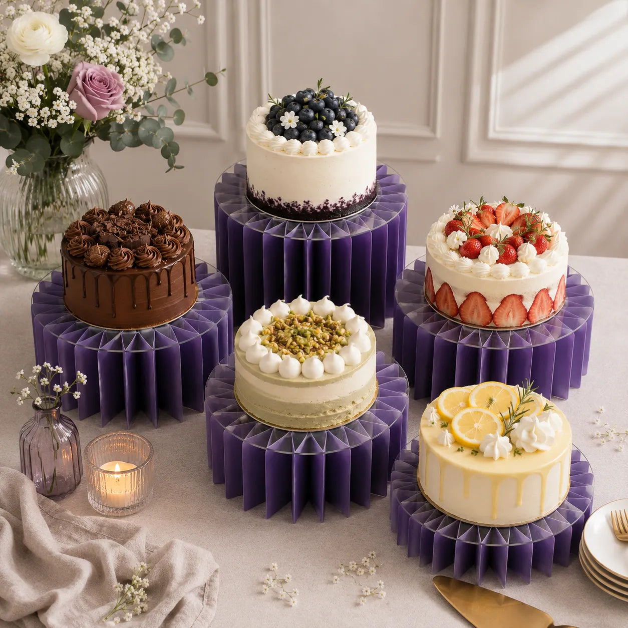 Présentoirs à Gâteau Violets En Carton Et Acrylique