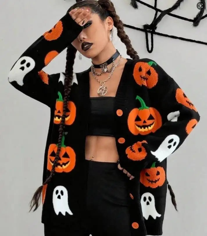 Pull Tricoté Citrouille Halloween