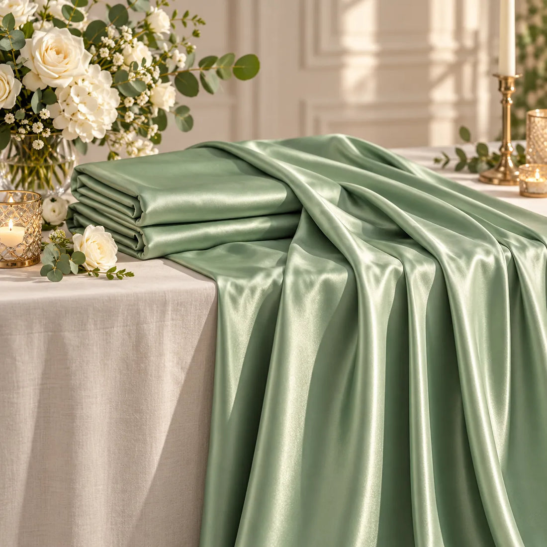 Rideau Mariage Vert Sauge en Satin élégant