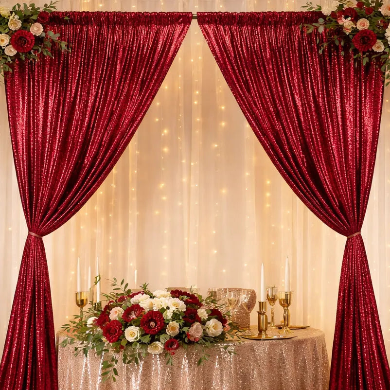 Rideau de Fond Mariage Bordeaux à Paillettes Chic