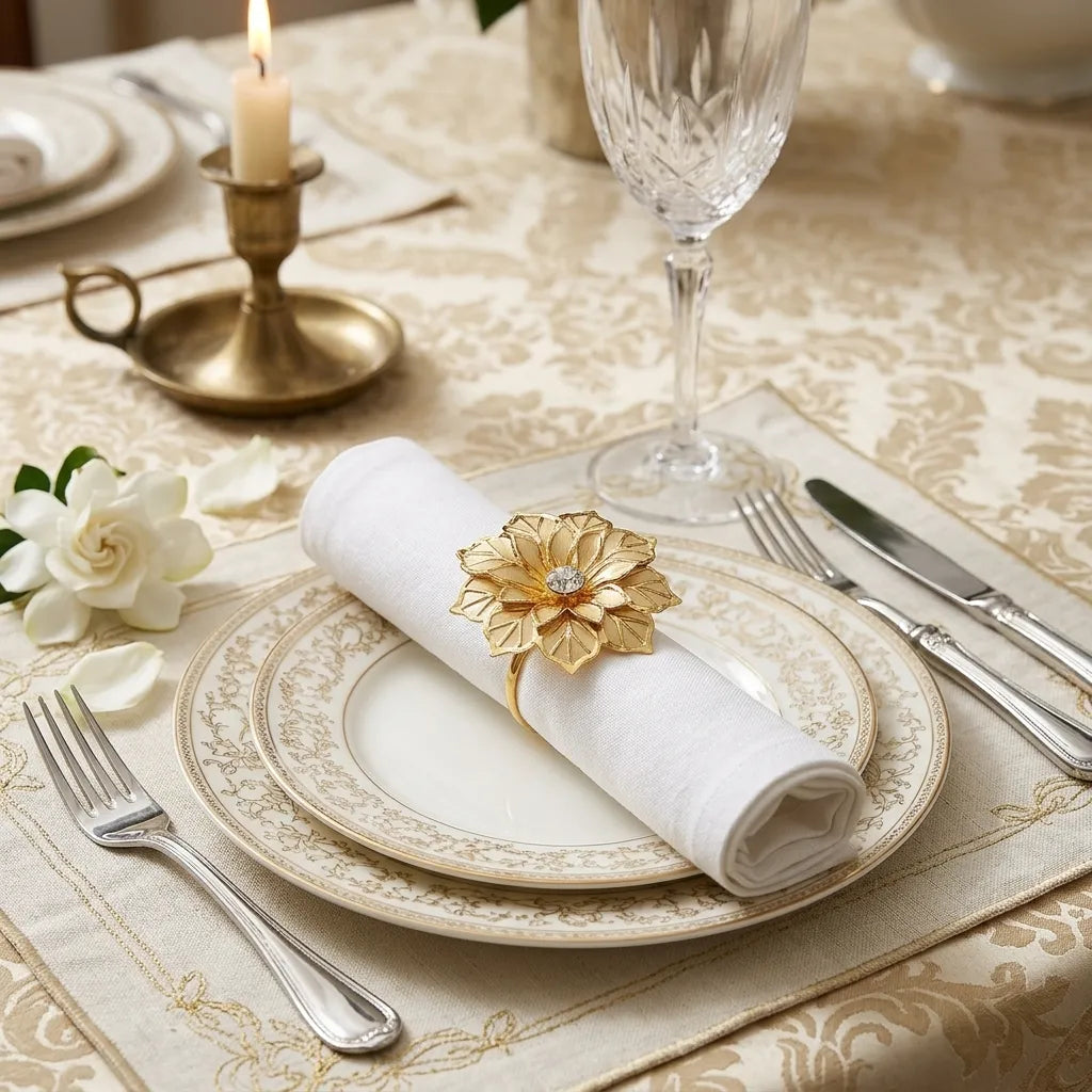 Rond de Serviette Fleur Doré Mariage Romantique Unique