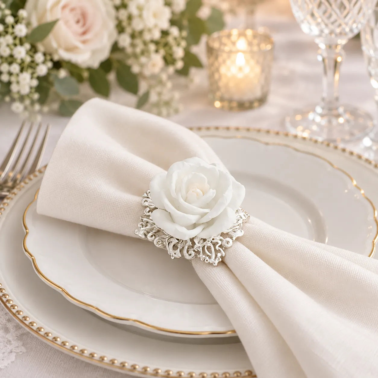 Rond de Serviette Mariage Vintage Rose Blanche élégant