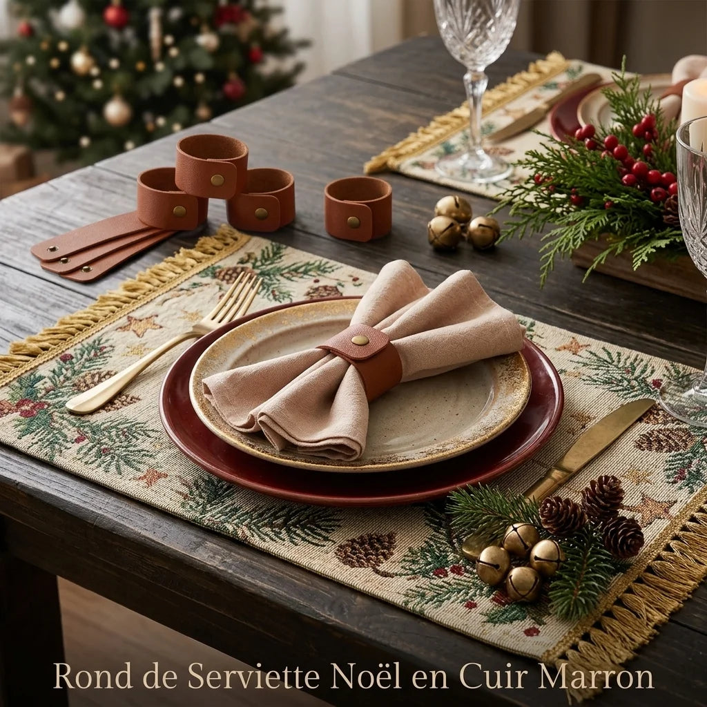 Rond de Serviette Noël en Cuir Marron1