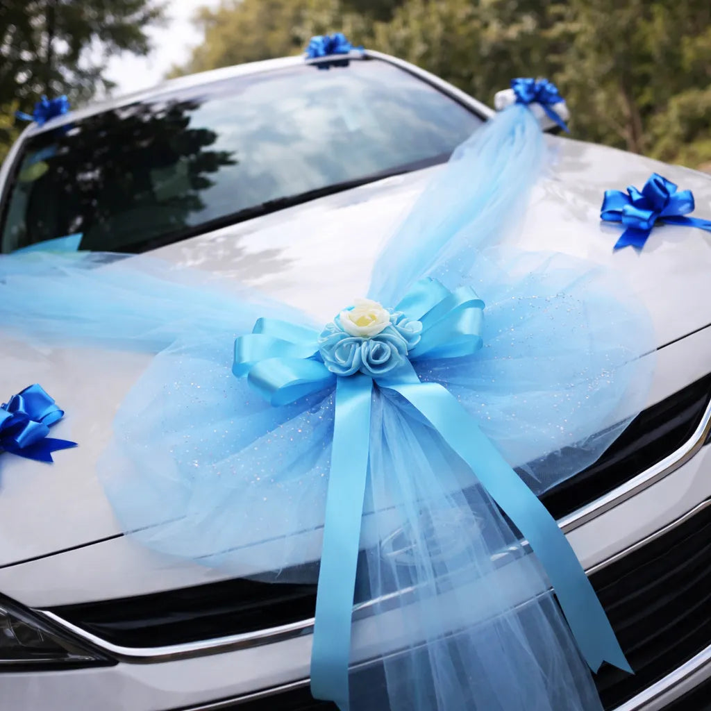 Ruban à Nœud Bleu Design Voiture Mariage Elégant
