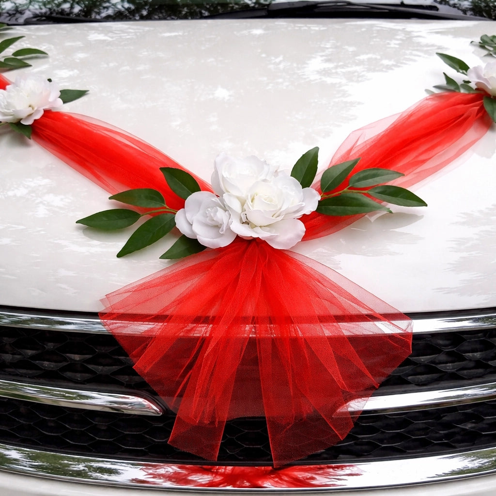 Ruban Rouge à Fleurs Blanches pour Voiture Mariage