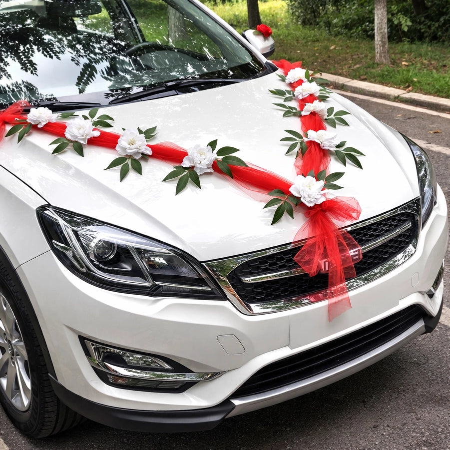 Ruban Rouge à Fleurs Blanches pour Voiture Mariage