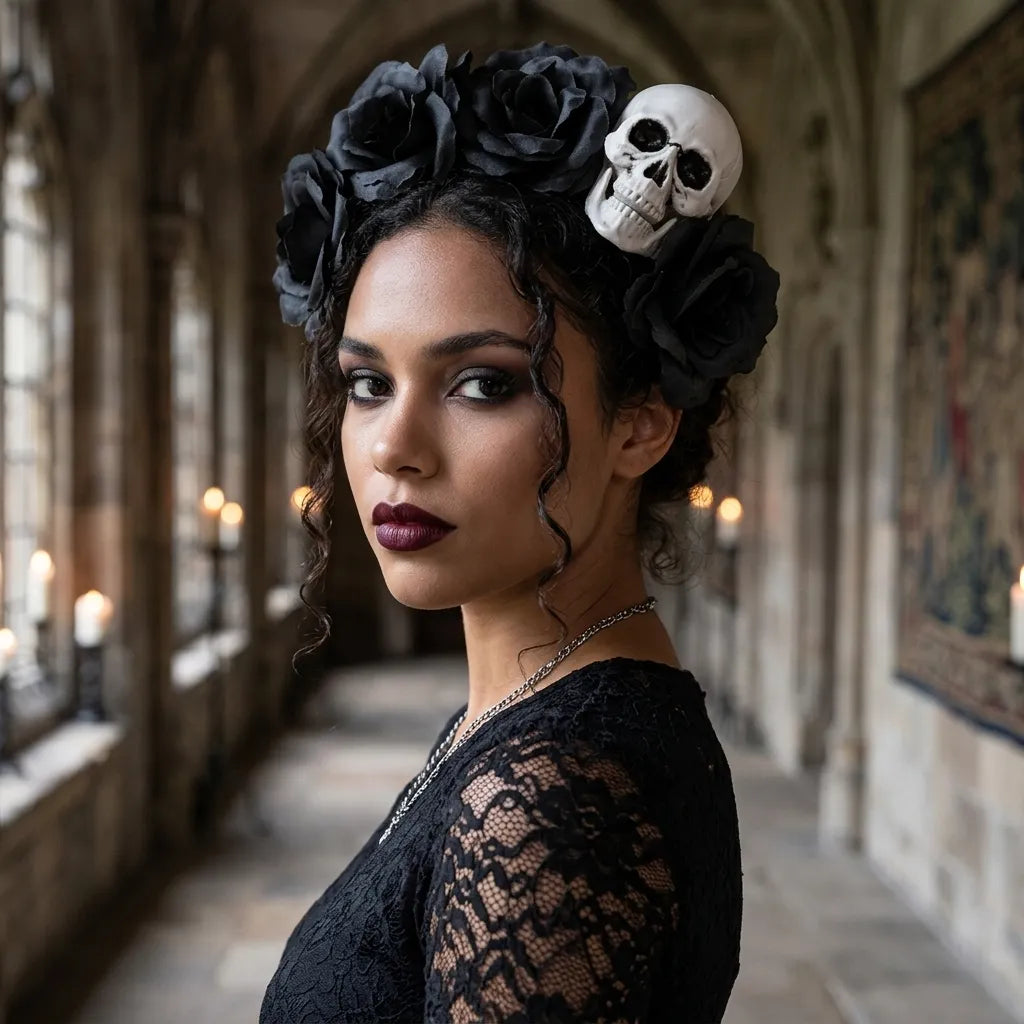 Serre-Tête Fleurs Noir Crâne unique