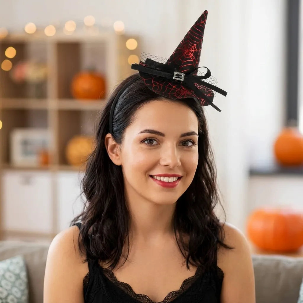 Serre-tête Chapeau Sorcière Noir et Rouge Unique