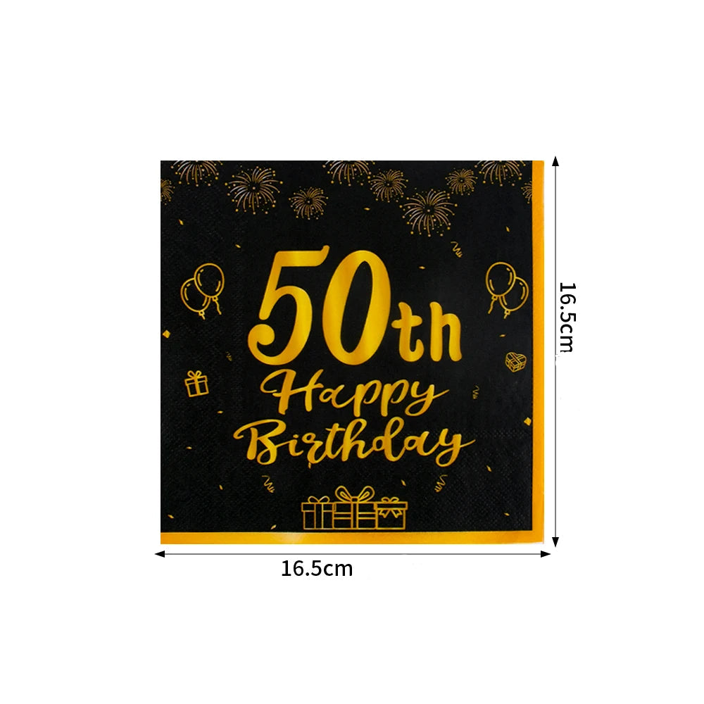 Serviette 50th Happy Birthday Noir et Or pratique