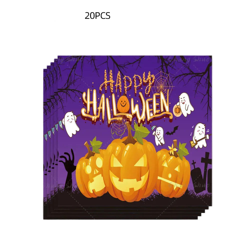 Serviette Happy Halloween Violet Imprimé Citrouilles Chic