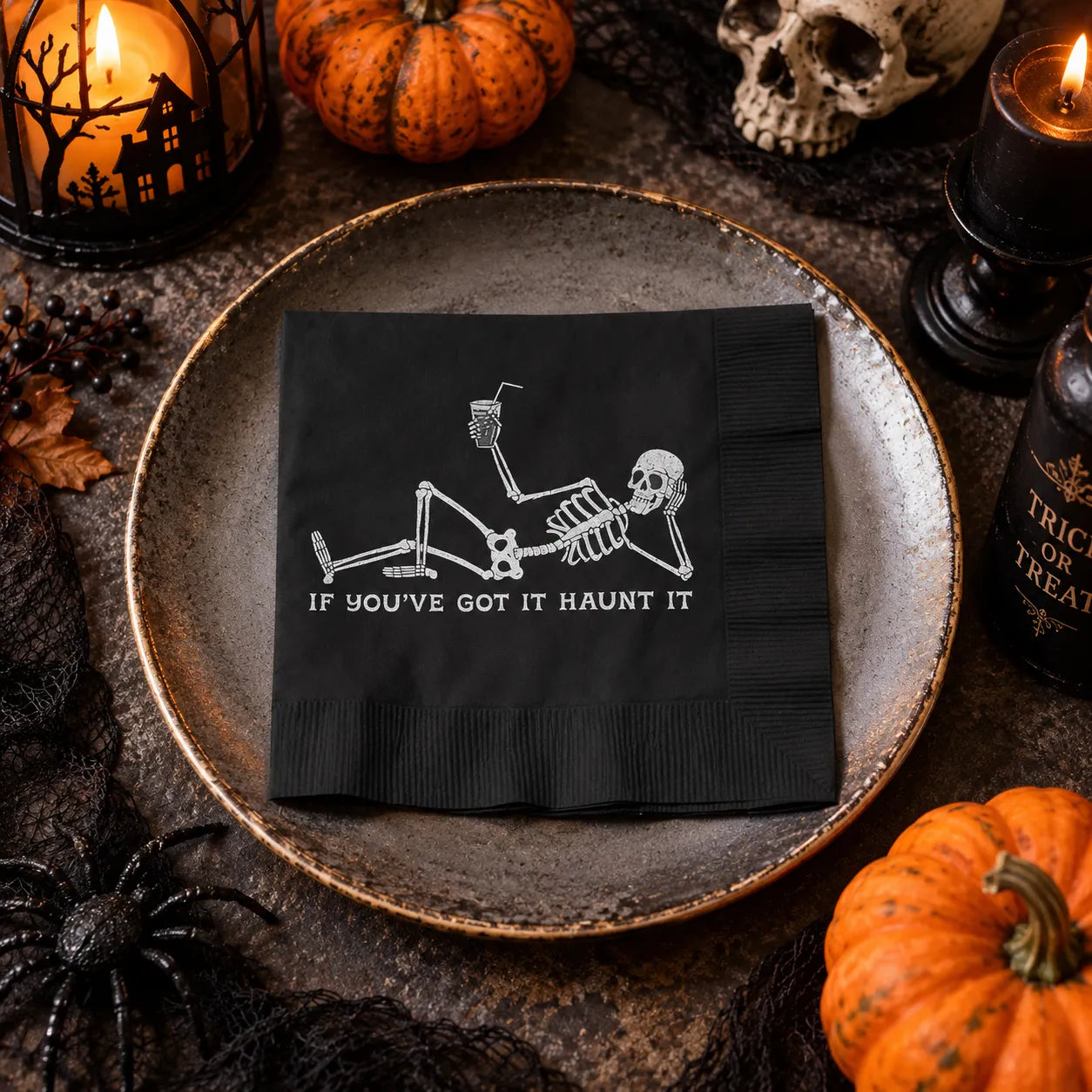 Serviette de Table Noire Squelette humoristique