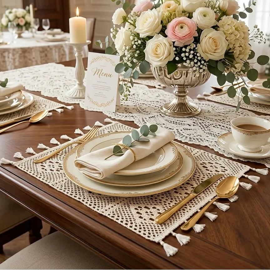 Set de Table Mariage Bohème Crocheté Unique