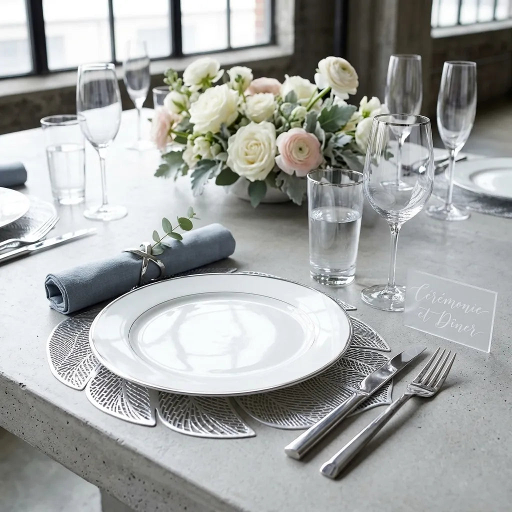 Set de Table Mariage Feuille Argenté Unique