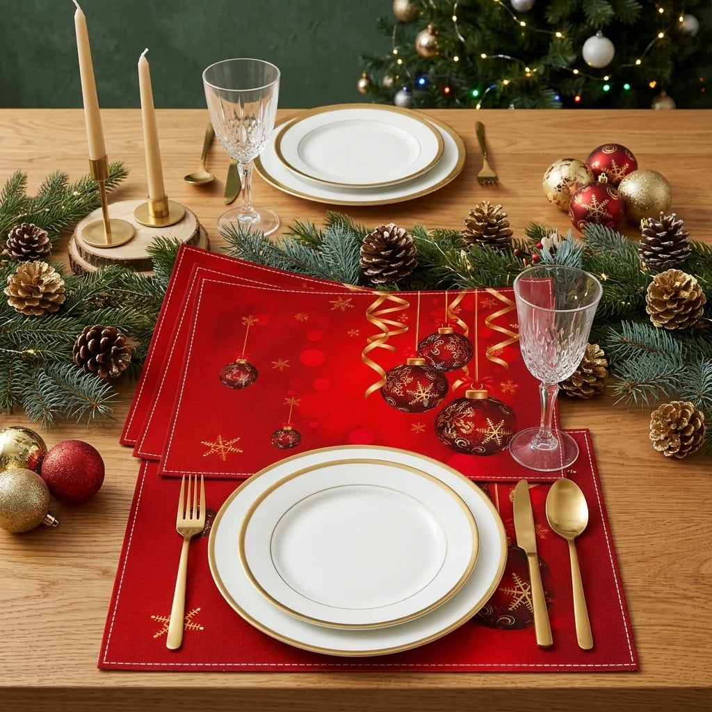 Set de Table Rouge à Boules Dorées élégant 