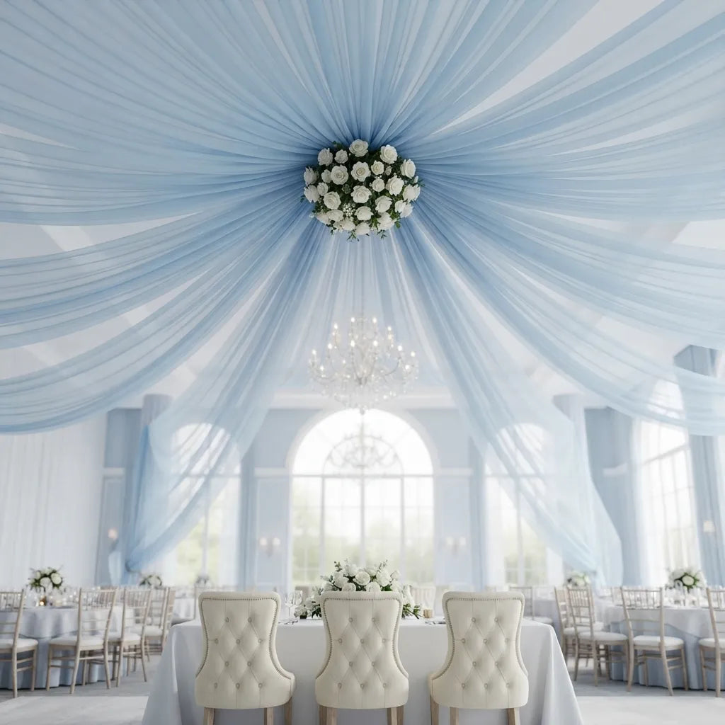 Tenture Mariage Bleu ciel en Tulle Minimaliste
