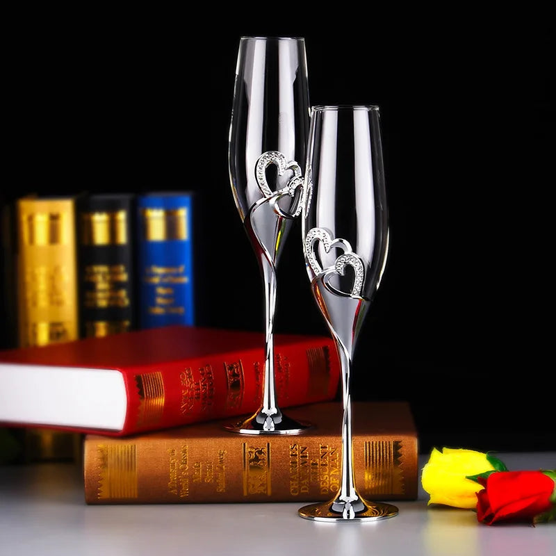 Verre à Champagne Double Cœur Argenté Beau
