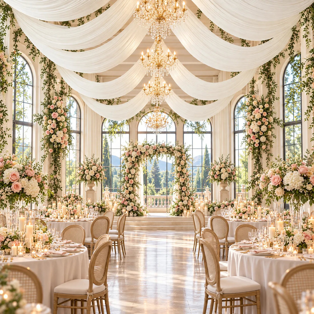 Voilage Plafond Mariage Ivoire en Satin romantique