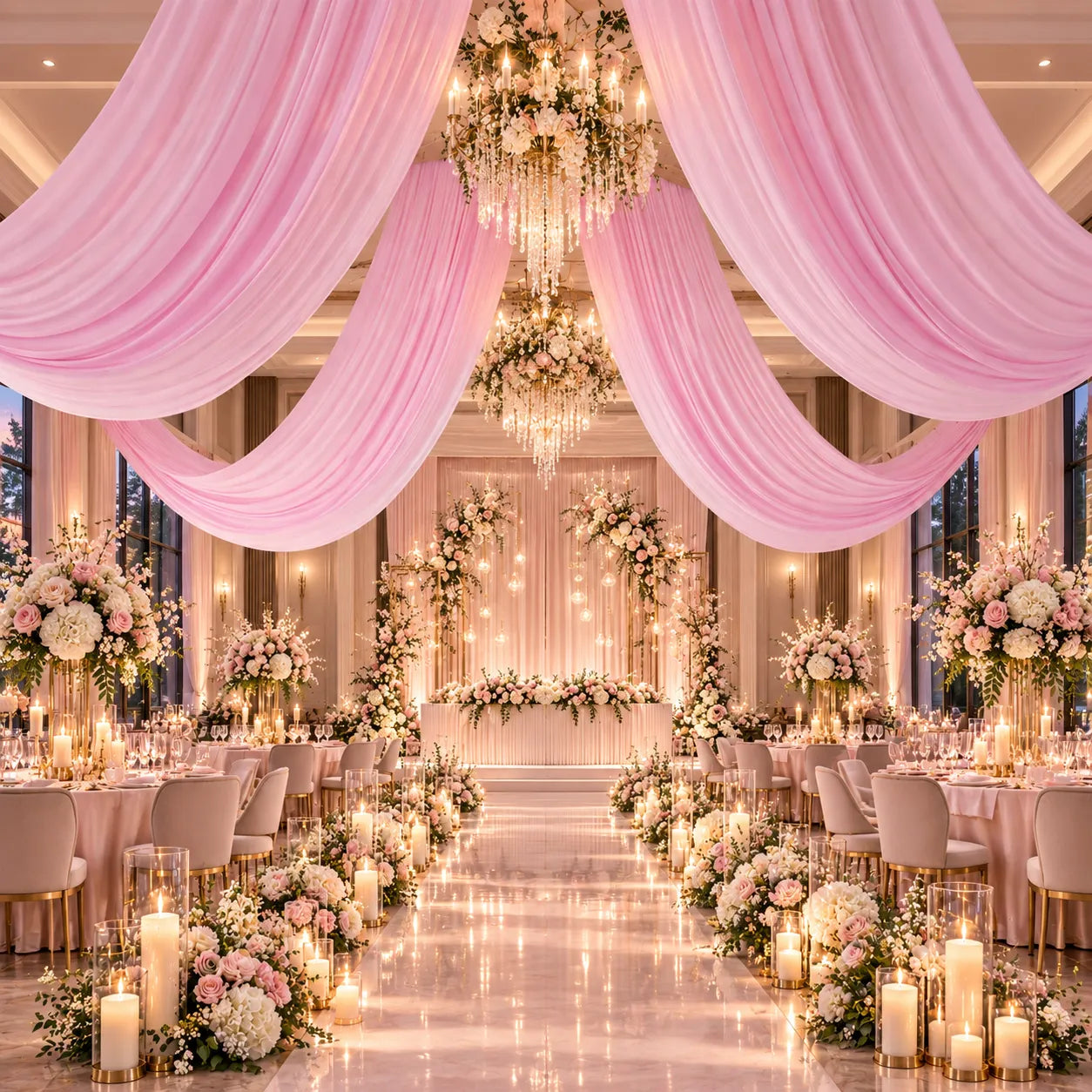 Voilage Plafond Mariage Rose Satiné classe