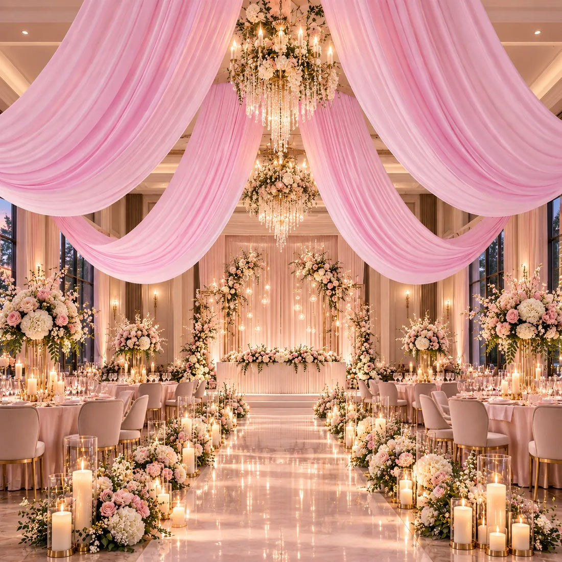 Voilage Plafond Mariage Rose Satiné classe