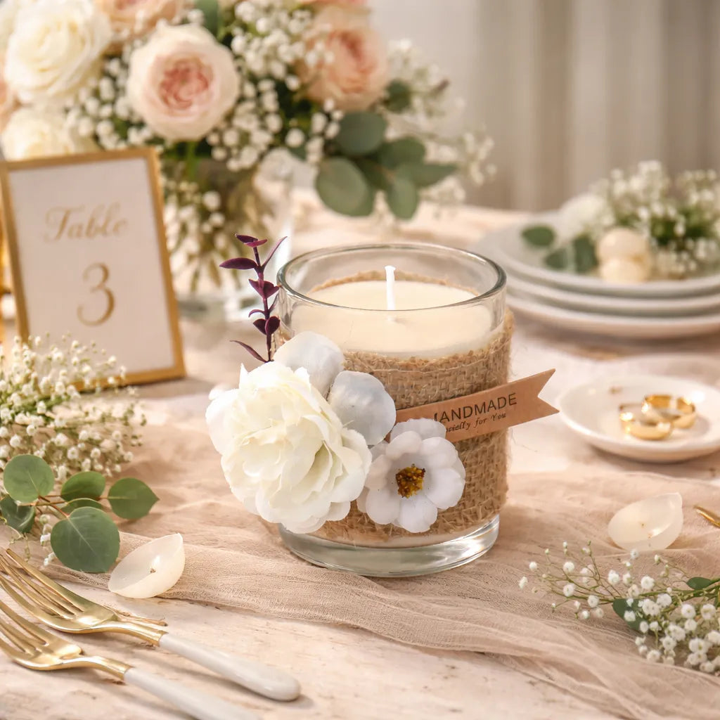 bougie en verre à fleurs blanches