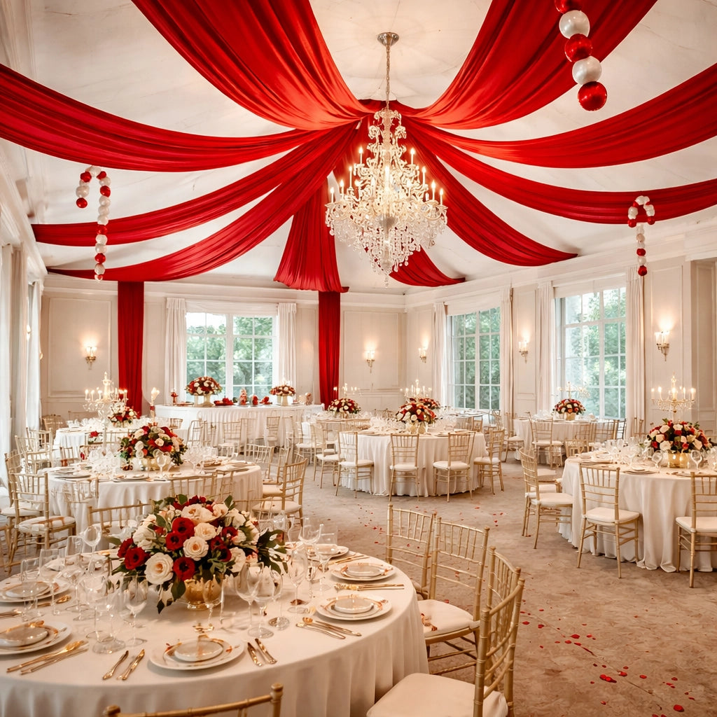 drapé rouge satiné plafond mariage