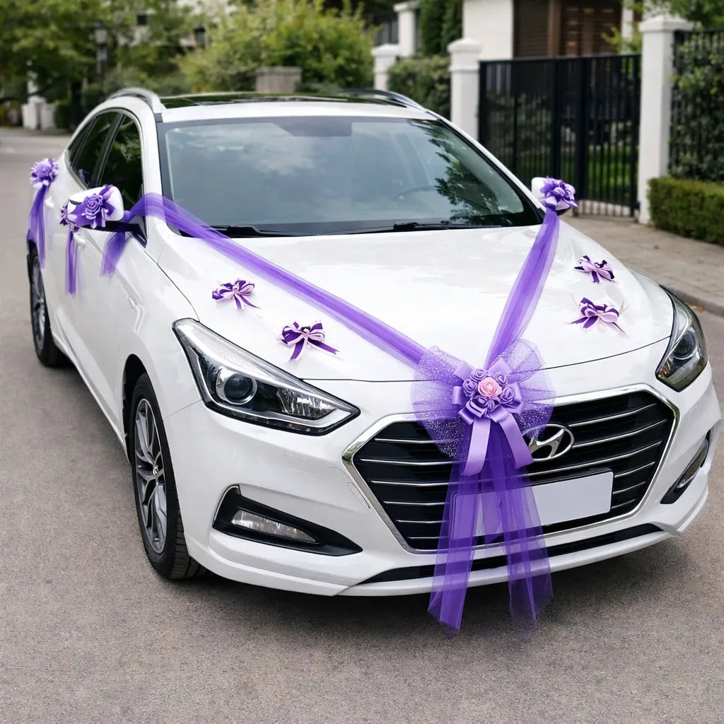 ruban et noeuds violets pour voiture mariage chic