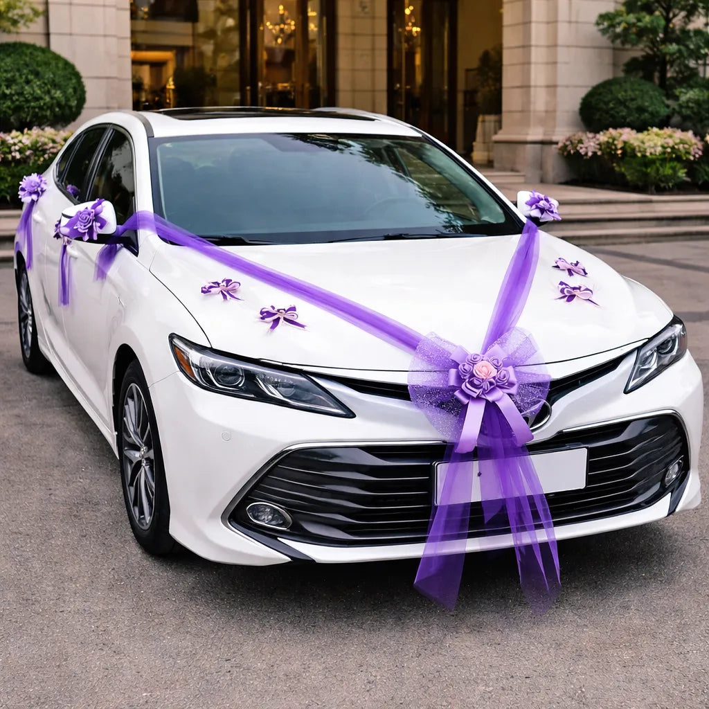 ruban et noeuds violets pour voiture mariage sublime