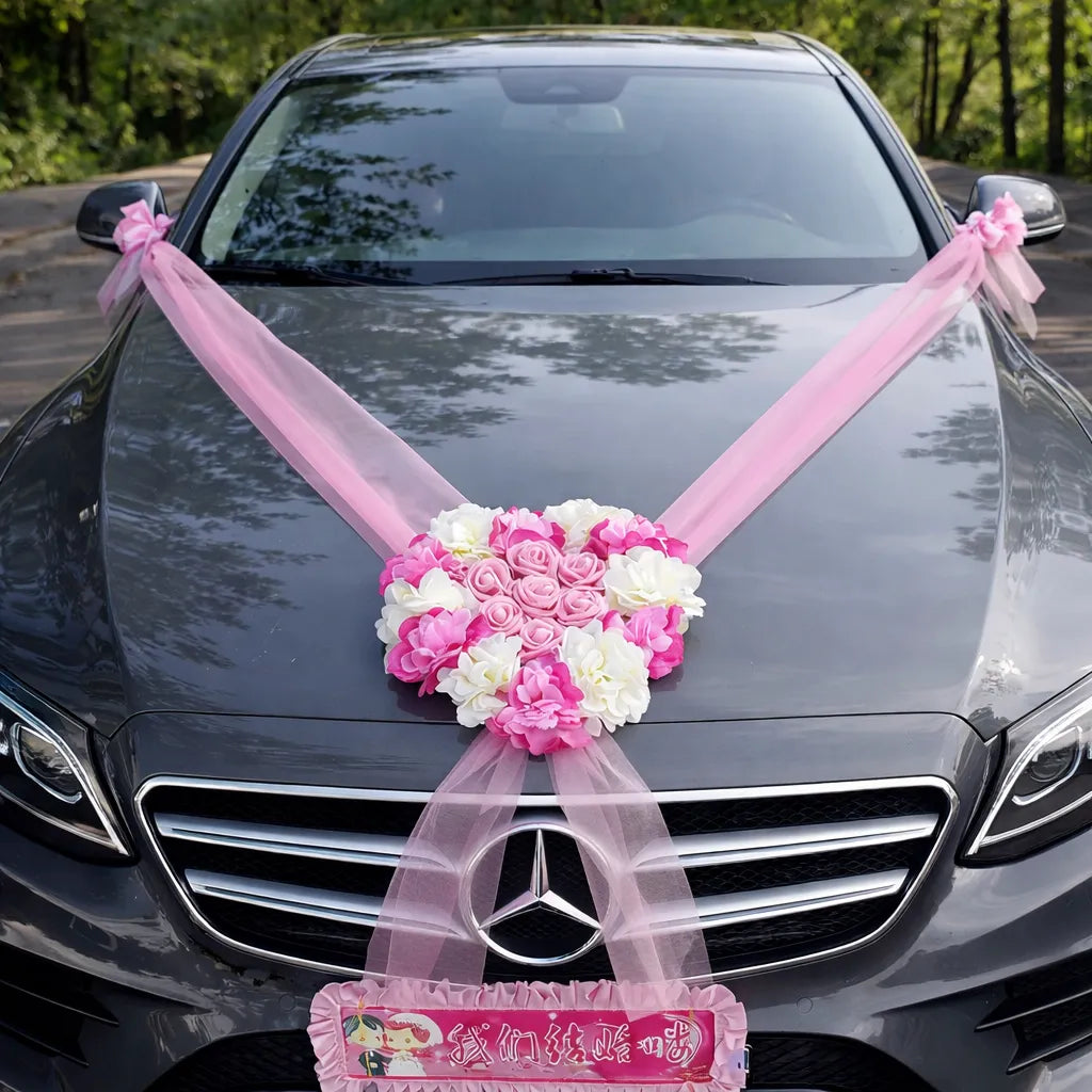 ruban rose à bouquet coeur voiture mariage jolie