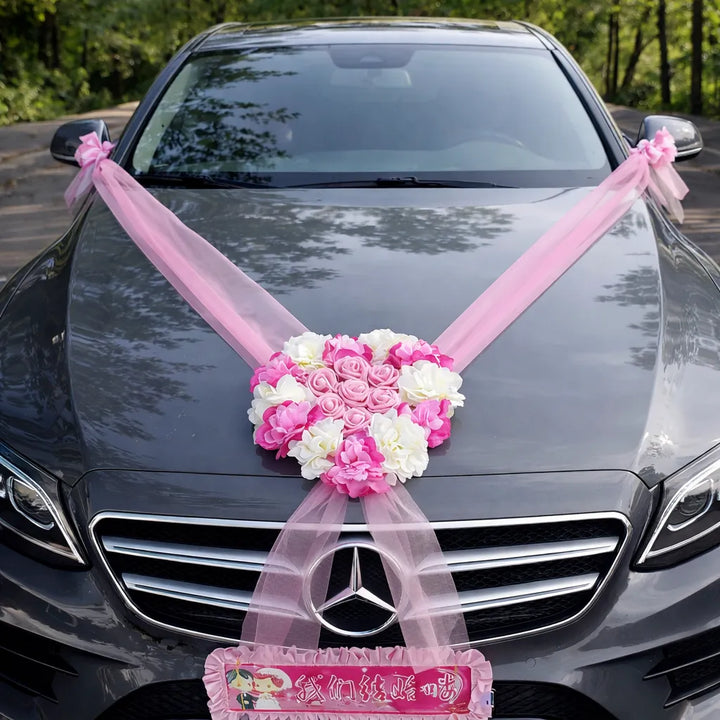 ruban rose à bouquet coeur voiture mariage jolie