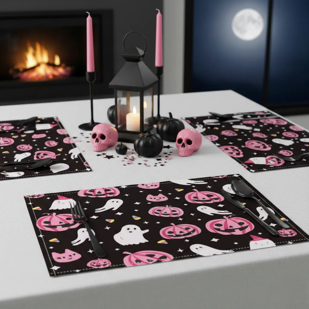 set de table halloween noir et rose 
