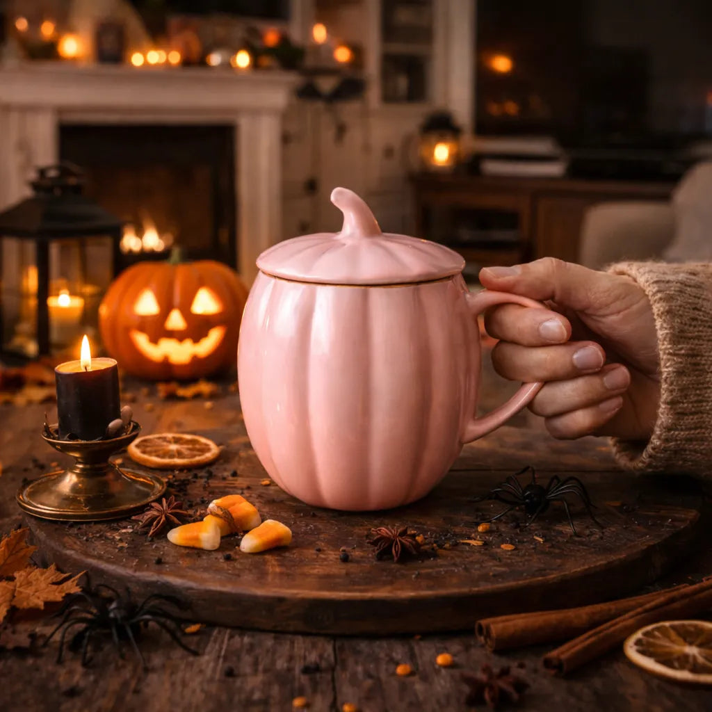 tasse citrouille minimaliste rose à couvercle spécial
